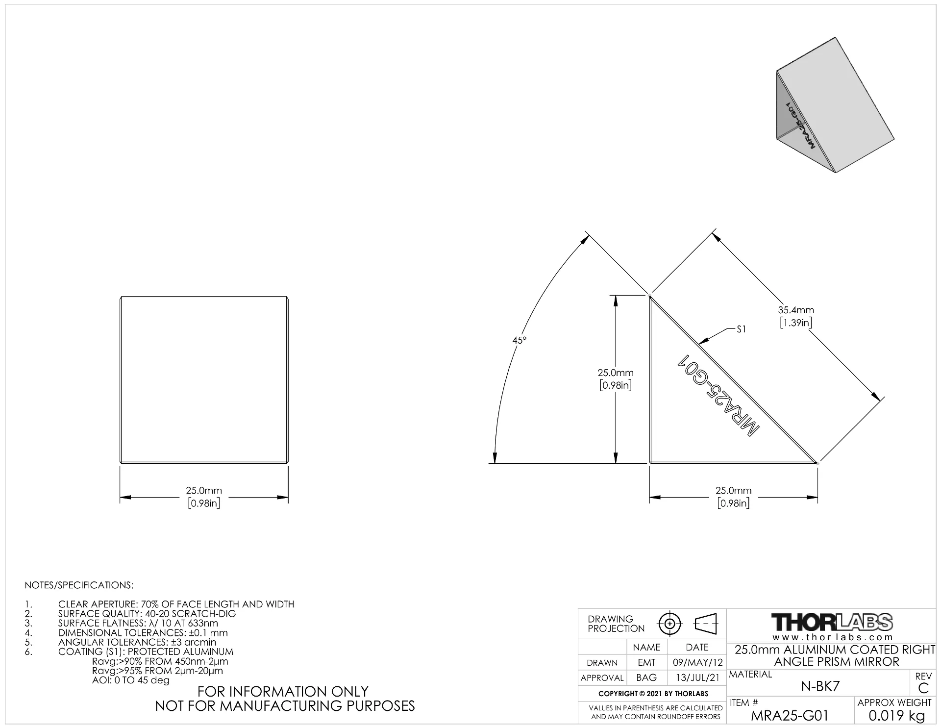 Thorlabs Right Angle Prism Mirror - MRA10-G01 | MEETOPTICS