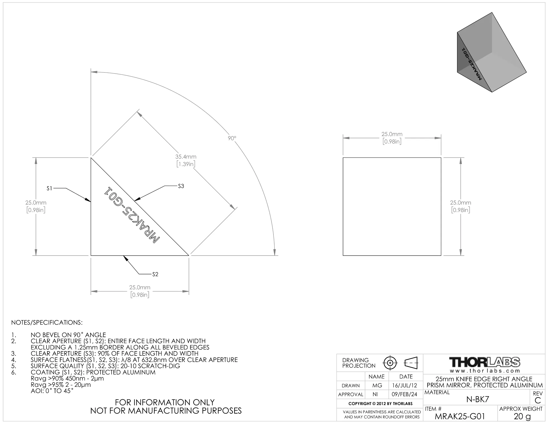 Thorlabs Right Angle Prism Mirror - MRAK25-G01 | MEETOPTICS