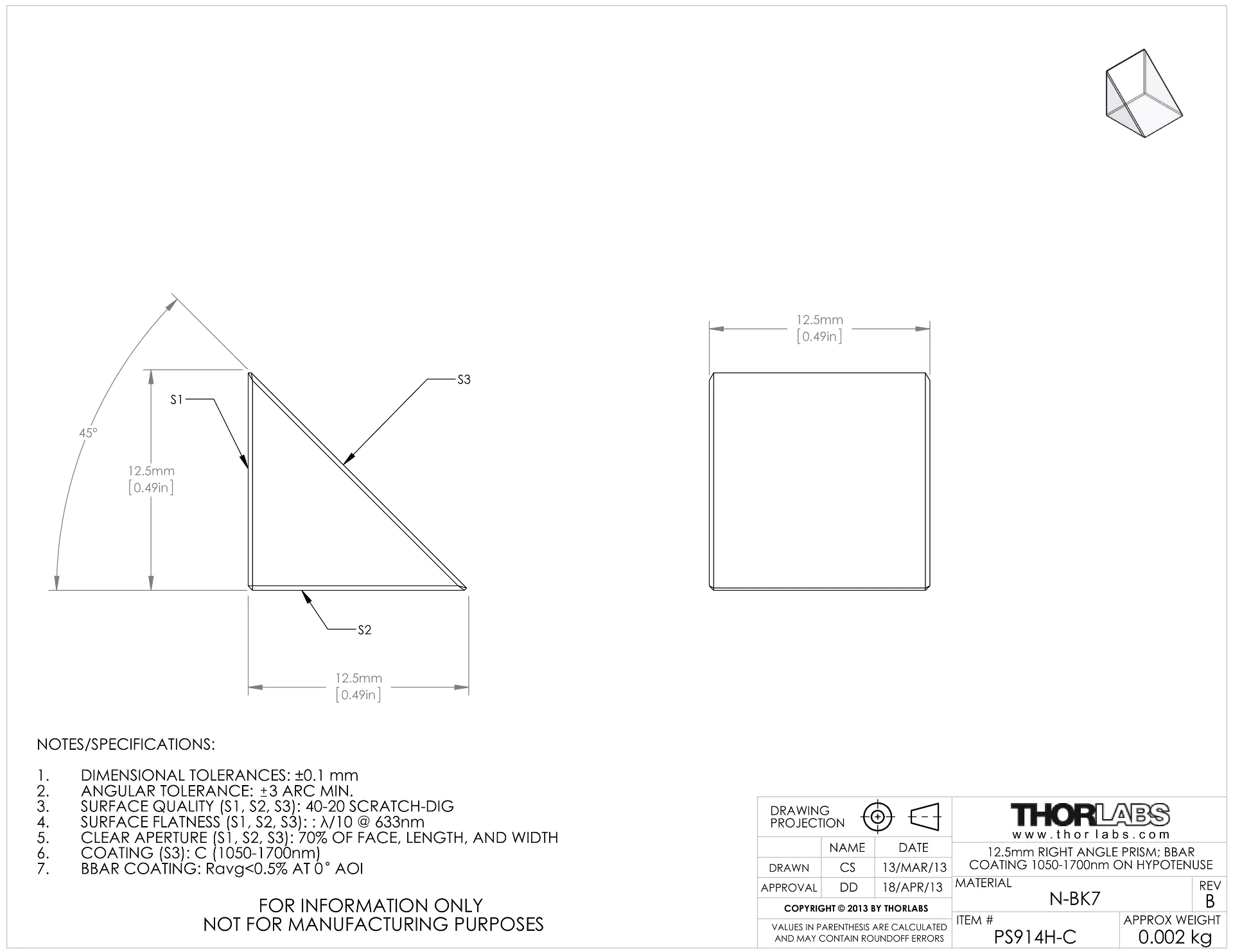 Thorlabs Right Angle Prism - PS910H-C | MEETOPTICS